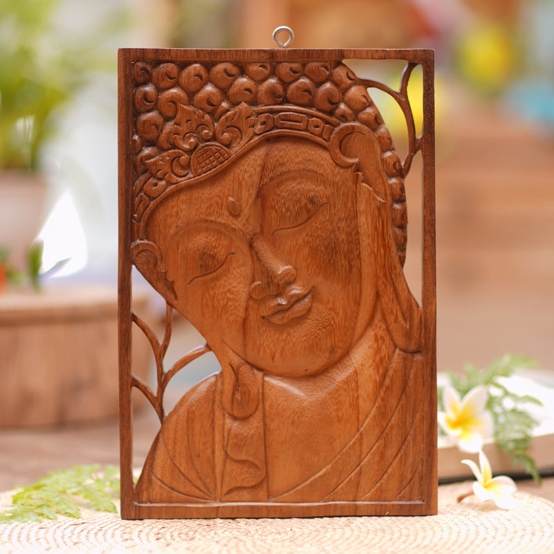 Wall Art Buddha Face Carved Wood Carved popular Into a Solid Wood Panel